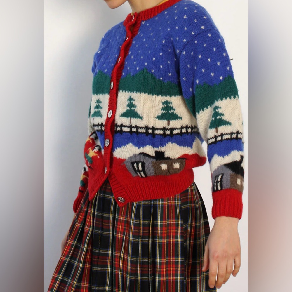 VTG 1988 Eddie Bauer Women Chunky Holiday Intarsia Wool Cardigan Sz S Slouchy